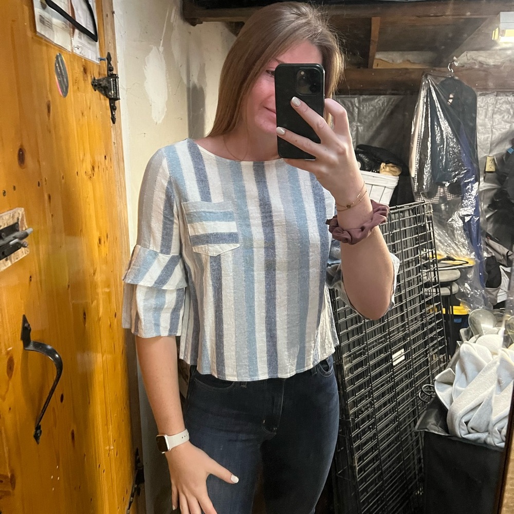 Urban Romantics Striped Ruffle Sleeve Linen Top